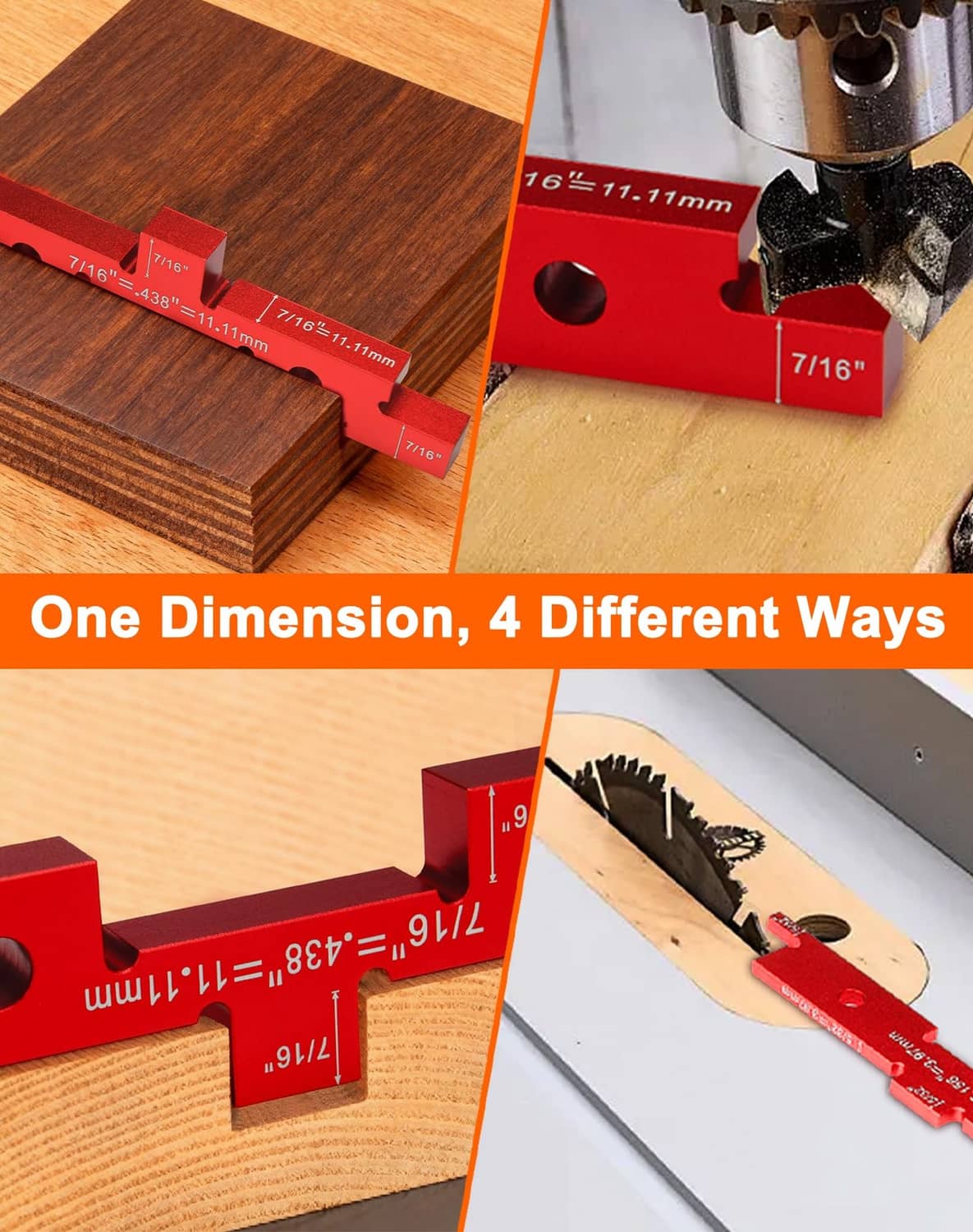 Red aluminum setup block jig used on wood while drilling a hole