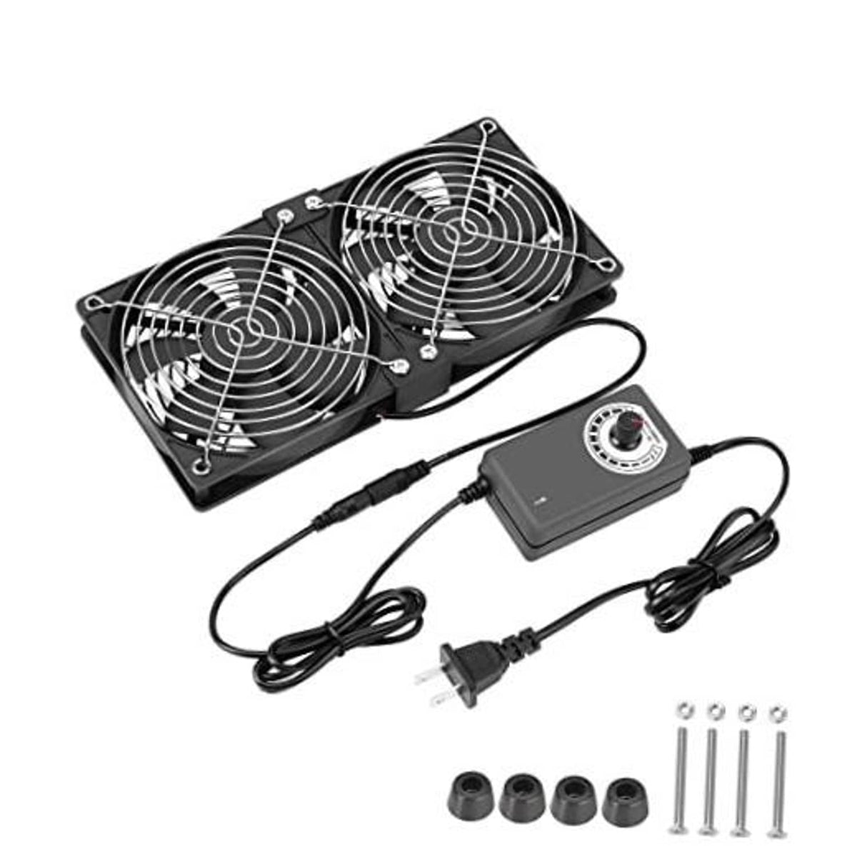 Dual 120mm computer fans with speed controller, power cable, and mounting accessories