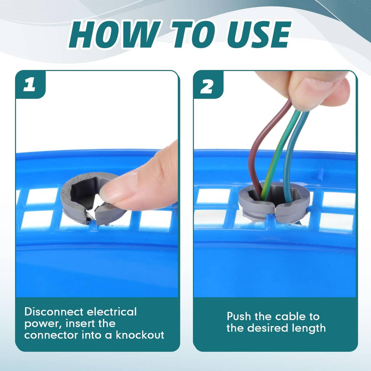 Gray push-in connector base being installed by hand on an electrical box