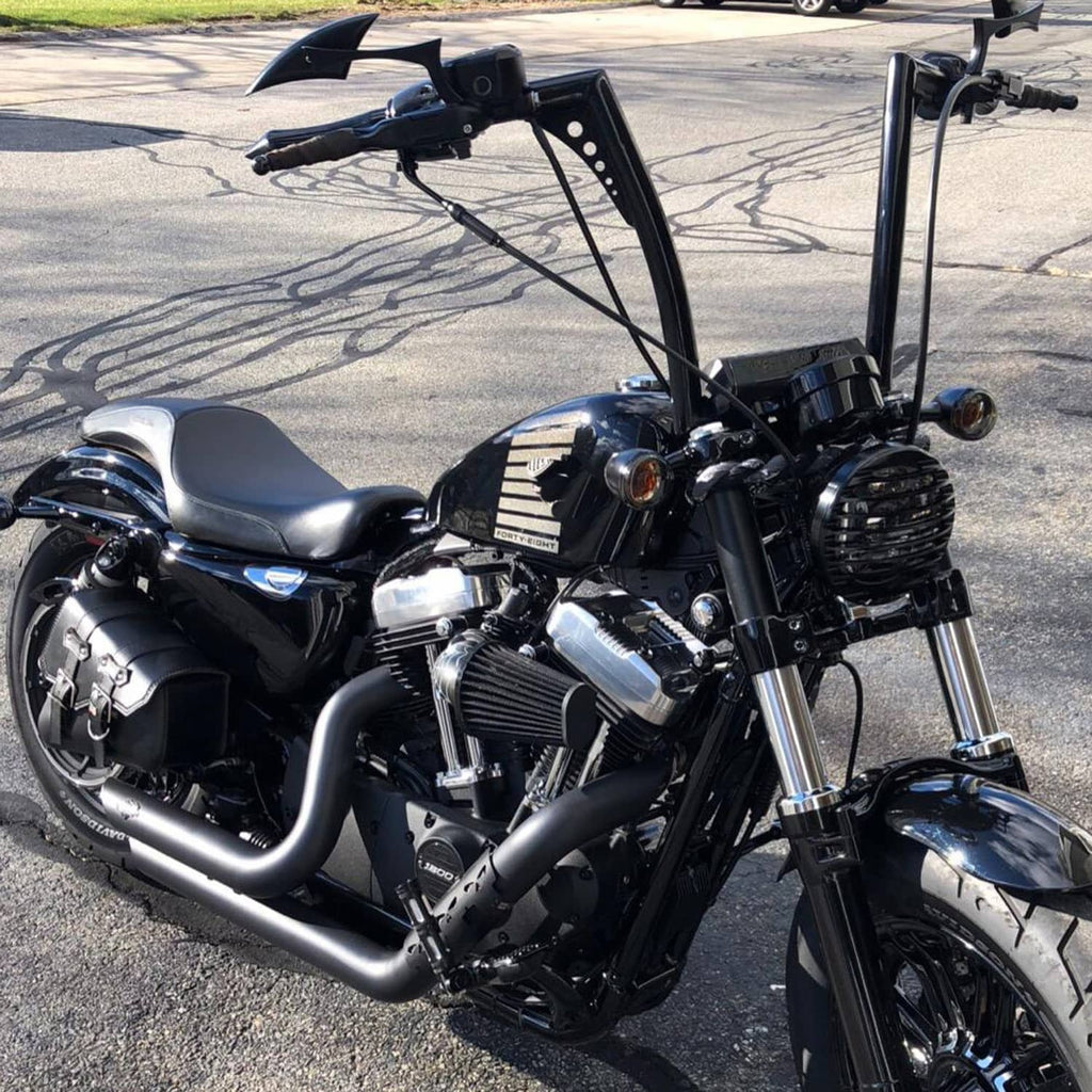 Motorcycle handlebar ape hangers bar, raised black steel with controls and wiring