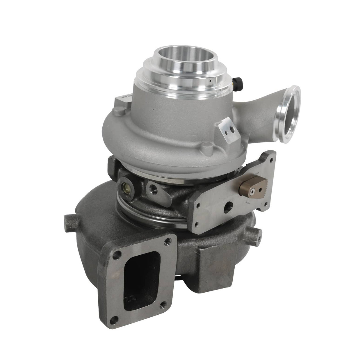 Turbocharger assembly with dark exhaust housing and silver inlet/outlet fittings
