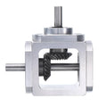 90-degree right angle bevel gear gearbox with silver metal housing and two shafts