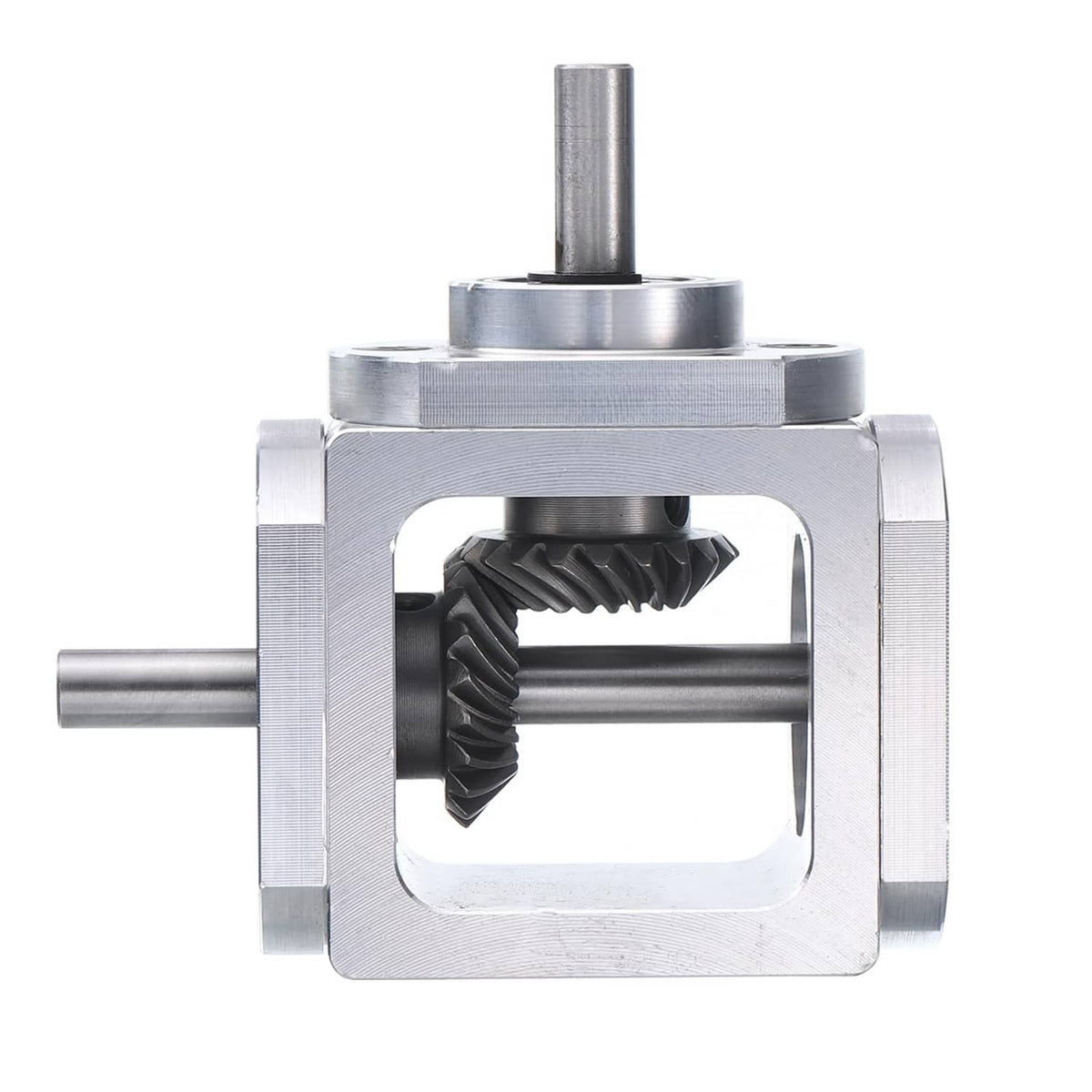 90-degree right angle bevel gear gearbox with silver metal housing and two shafts