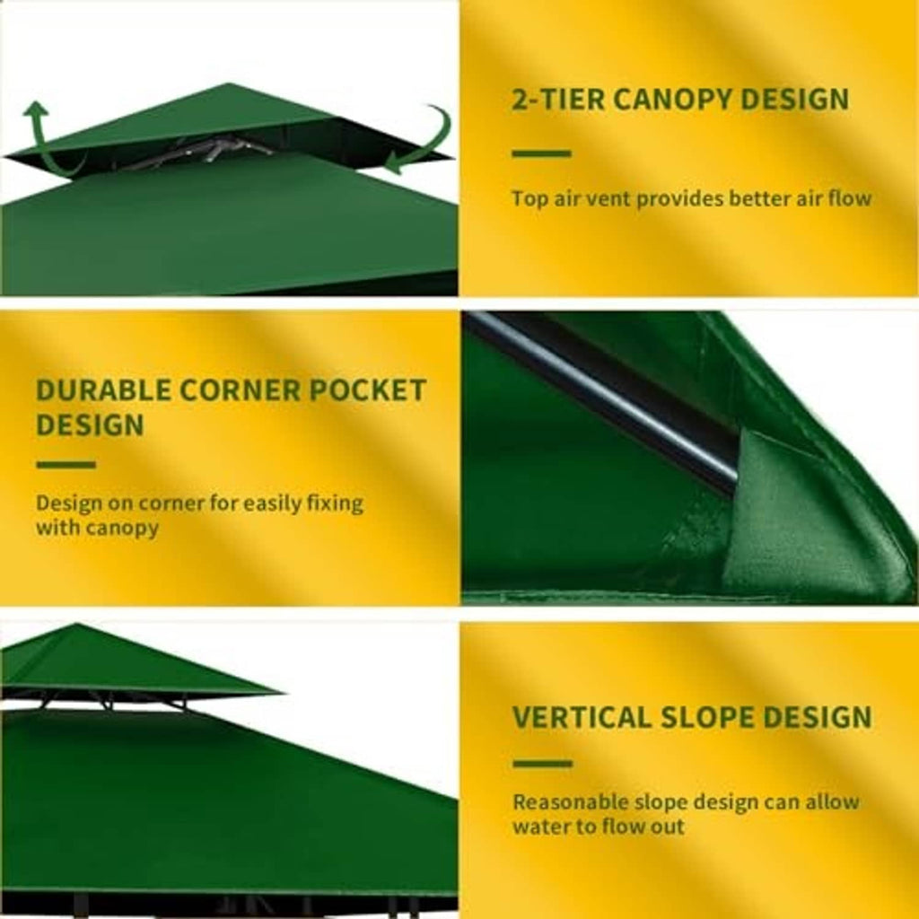 Forest green two-tier canopy roof with corner pocket and sloped drainage design