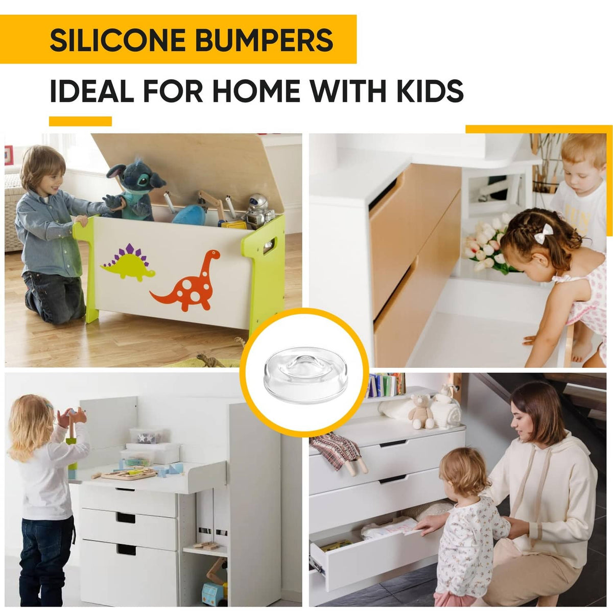 Silicone cabinet bumpers with kid-safe home use, showing clear round bumper