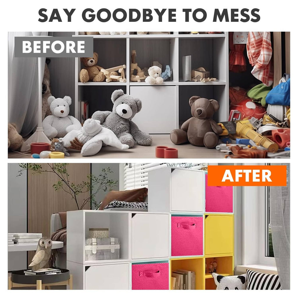 Fuchsia fabric storage cubes organized in a cabinet with other colorful bins