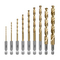 9-piece cobalt drill bit set with 1/4-inch hex shanks; gold spiral cutting flutes