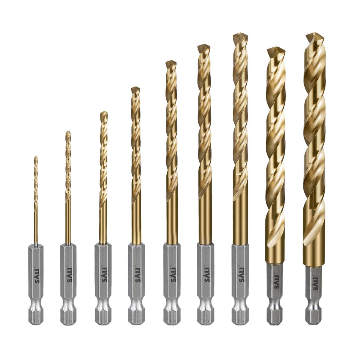 9-piece cobalt drill bit set with 1/4-inch hex shanks; gold spiral cutting flutes