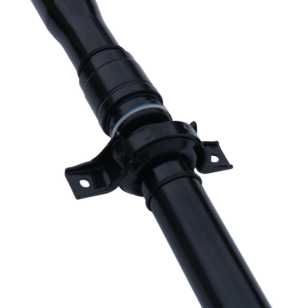 Rear driveshaft assembly with bracket mount and metal yoke joint, black
