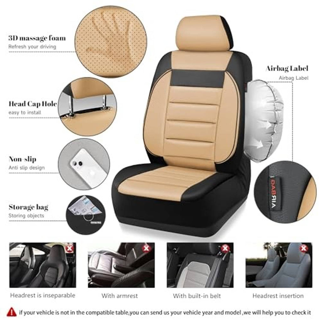 Faux leather seat covers with beige perforated headrest cap and quilted front sections
