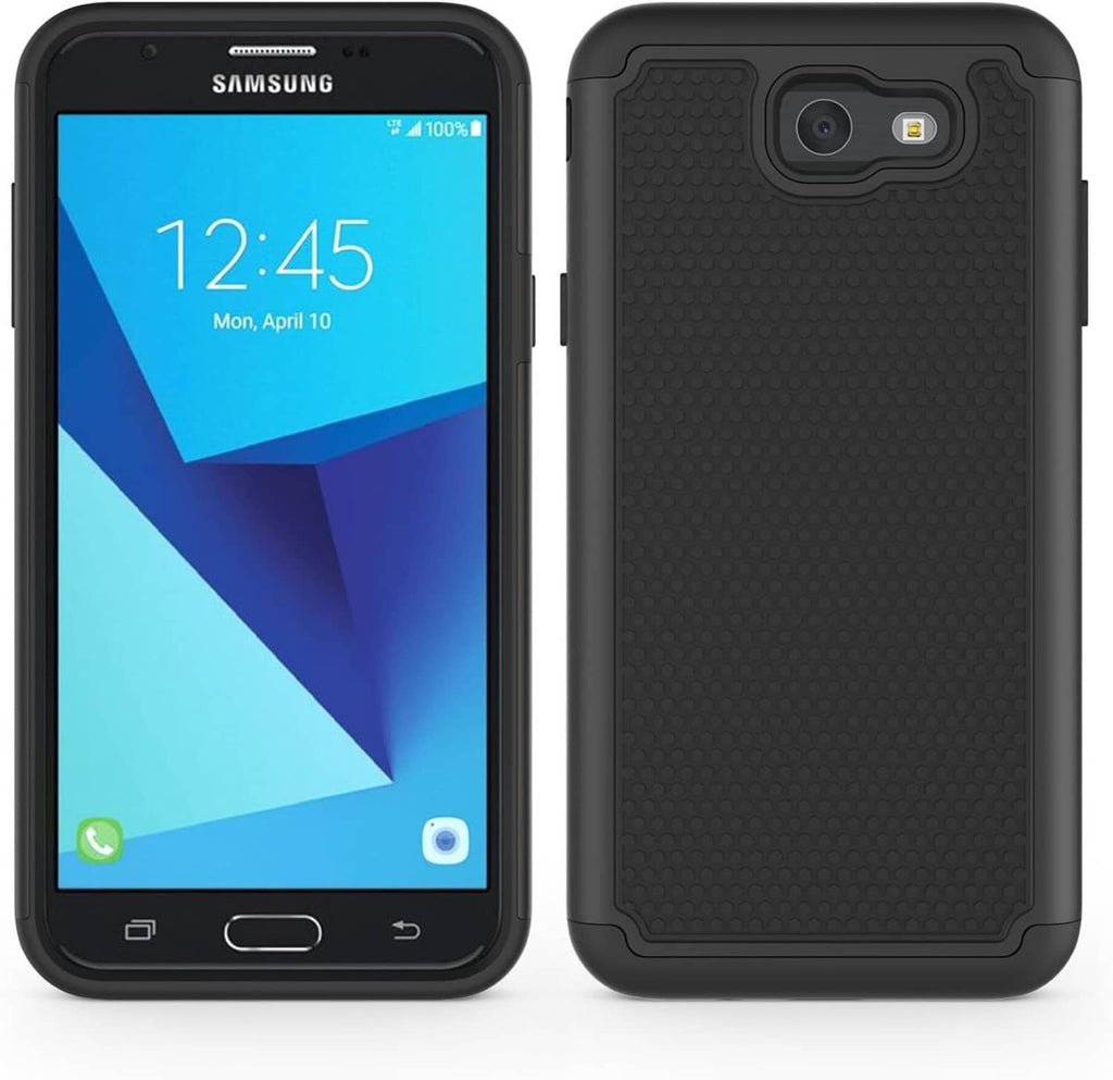 Shockproof phone case with textured grip, front and back views for protection