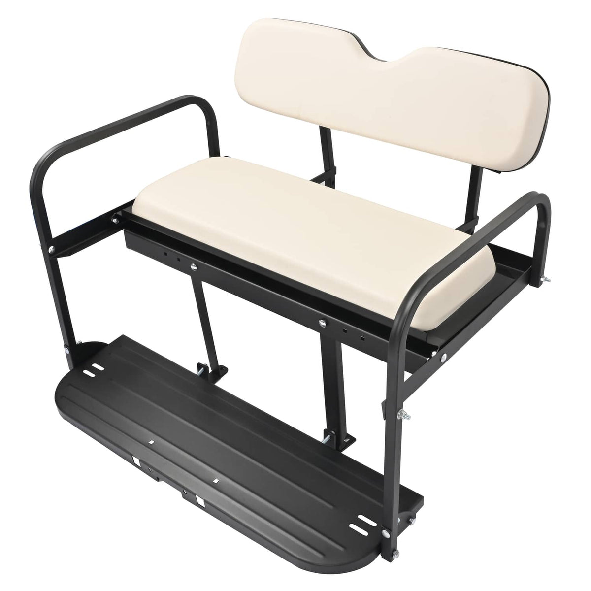 Rear flip back seat assembly with off-white seat pads and black tubular side rails