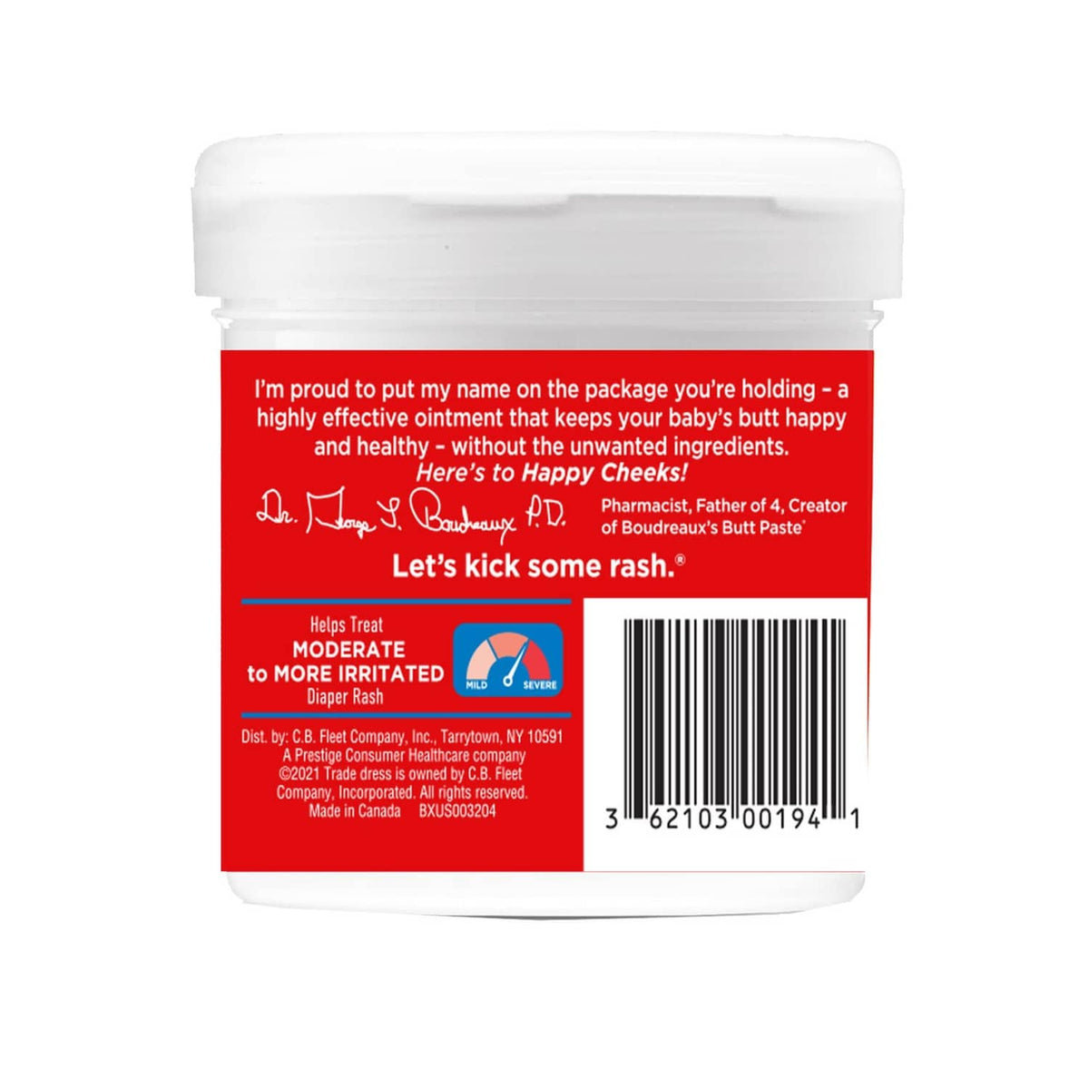 Diaper rash cream jar back panel with barcode and manufacturer details
