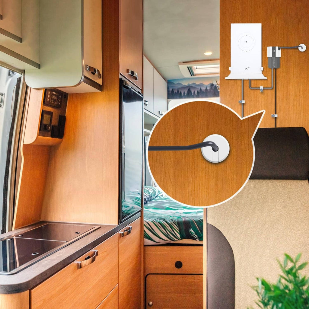 White wall mount bushing with grommet holding cable for router setup