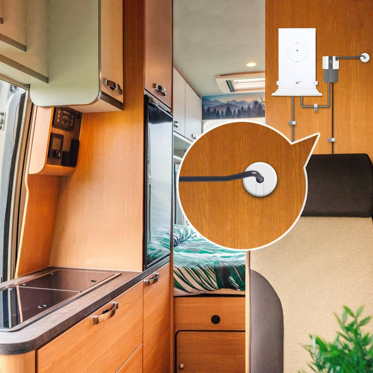 White wall mount bushing with grommet holding cable for router setup