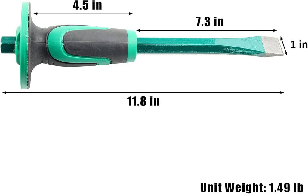 Flat-end masonry chisel with hand guard, teal shaft and black grip, length measurement shown