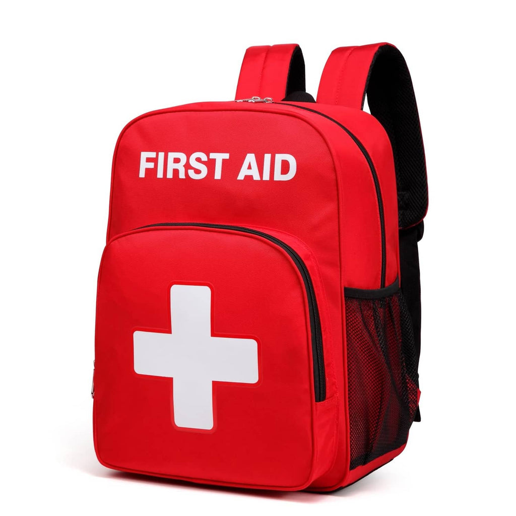 Red first aid backpack with white medical cross patch and front zipper compartment