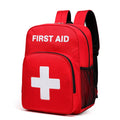 Red first aid backpack with white medical cross patch and front zipper compartment