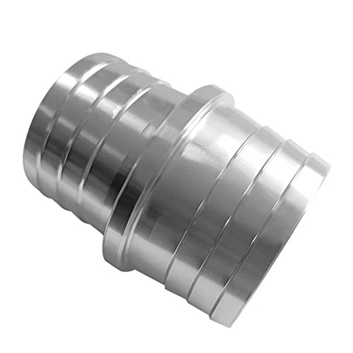 Silver radiator hose barb adapter, stepped barbs transitioning from 1-1/4 in to 1-1/2 in
