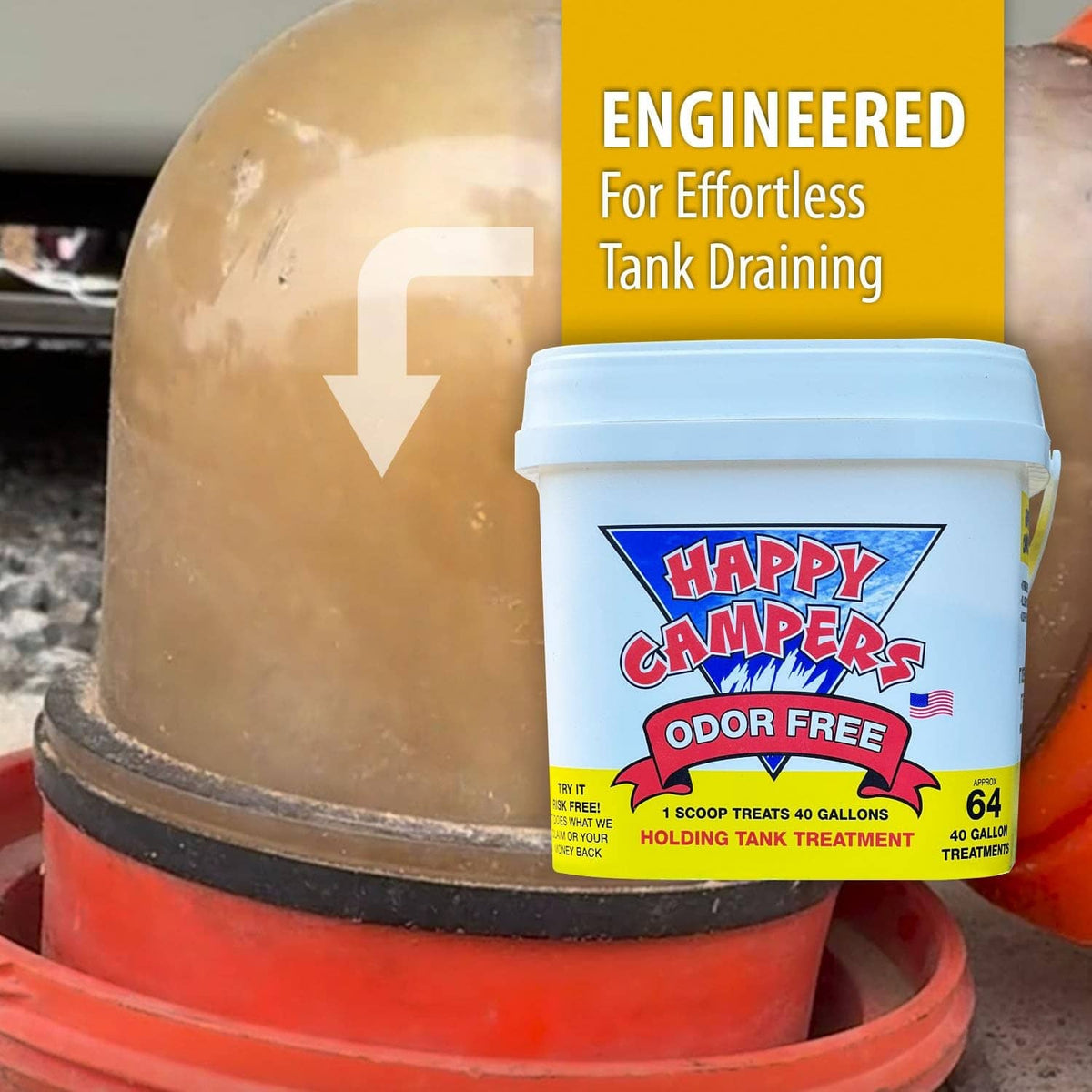 White bucket with Happy Campers Odor Free holding tank treatment label near toilet tank