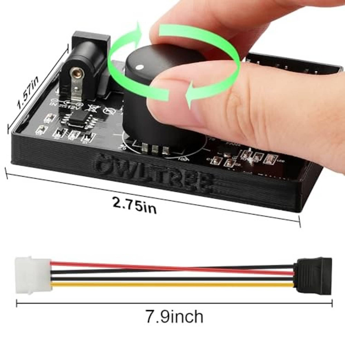 Compact 12V PWM fan controller hub with speed knob, 7.9 in cable, and size markings