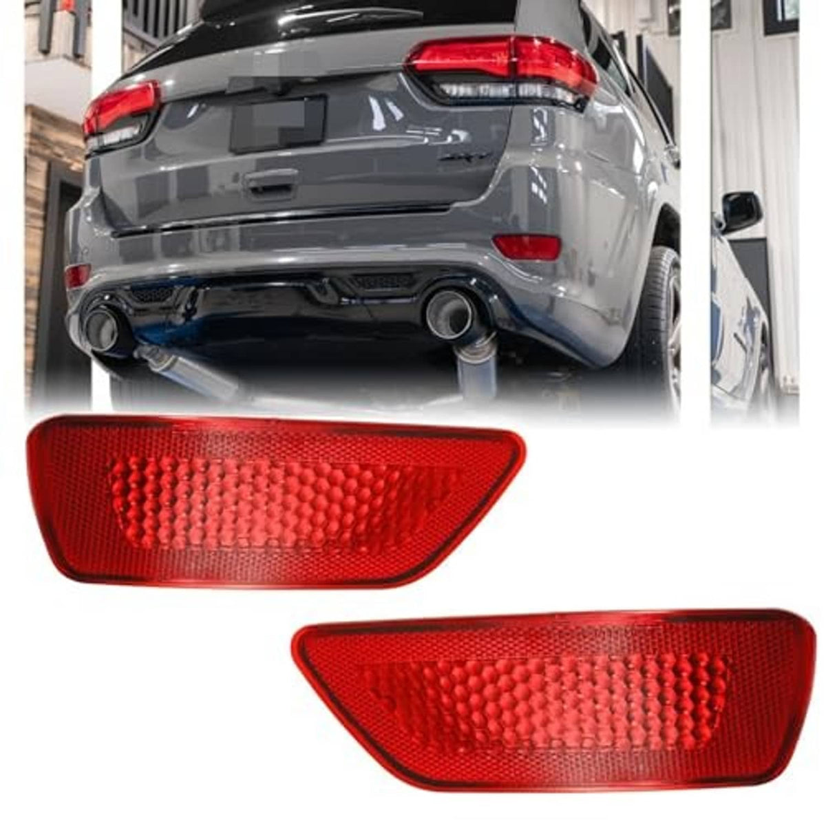 Two red rear reflector light covers with honeycomb-style textured lens