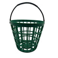 Green golf ball basket with black handle, open-top mesh container