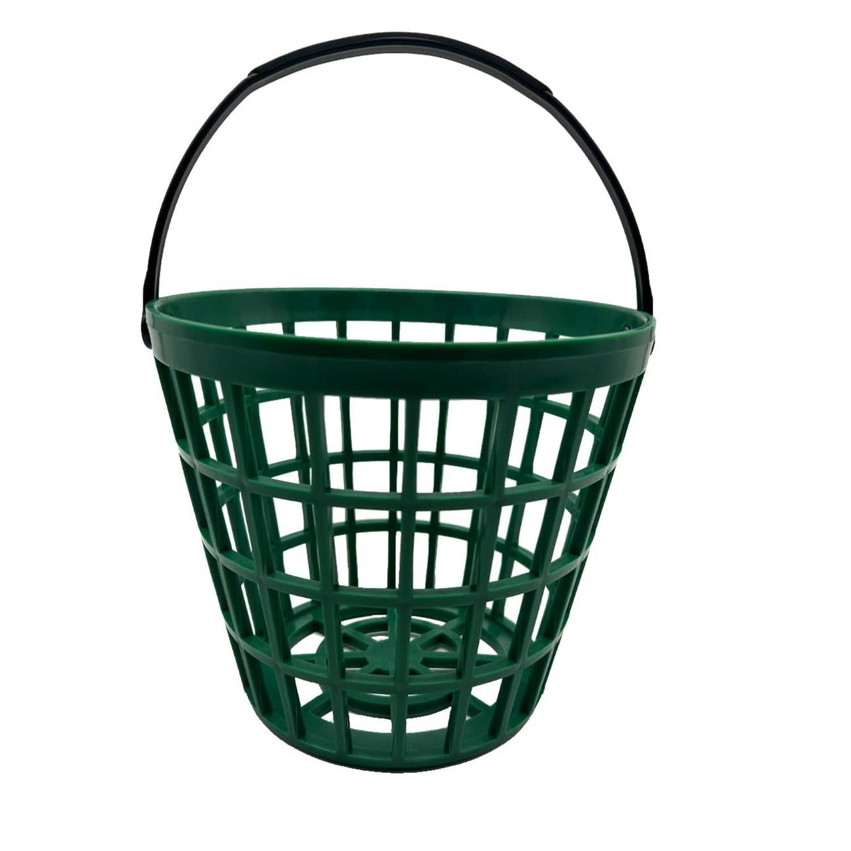 Green golf ball basket with black handle, open-top mesh container