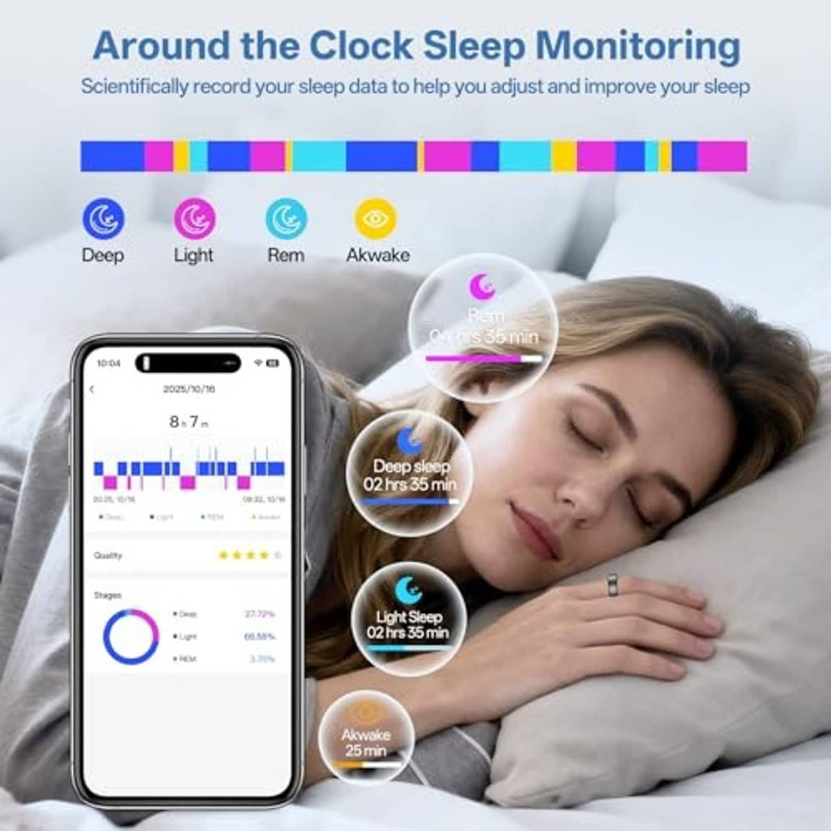 Smart ring sleep monitoring phone app shown next to a person resting on a bed