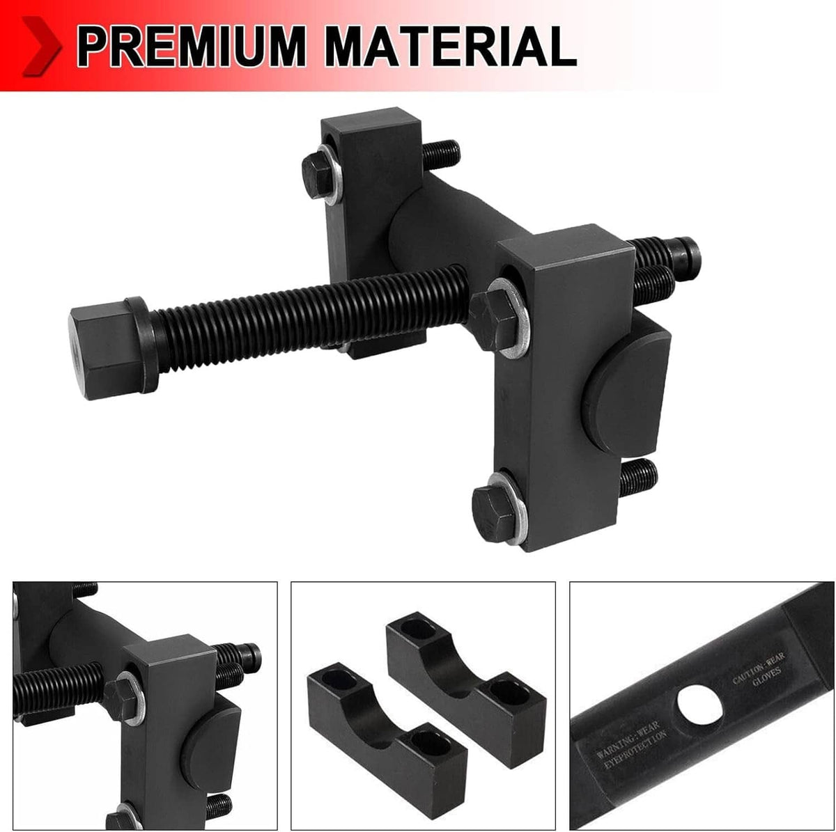 Heavy-duty yoke puller tool with black clamp frame and threaded forcing screw