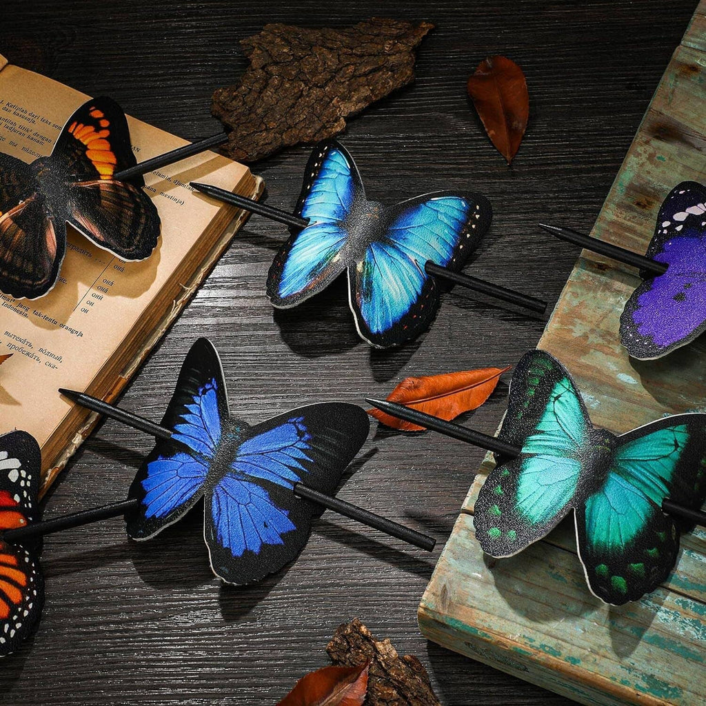 Multi-color butterfly leather hair clips with black barttes, scattered view