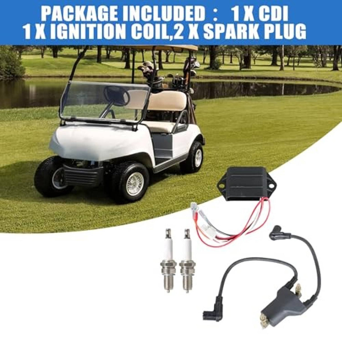 Ignition CDI kit package includes CDI module, coil, wiring harness, and two spark plugs