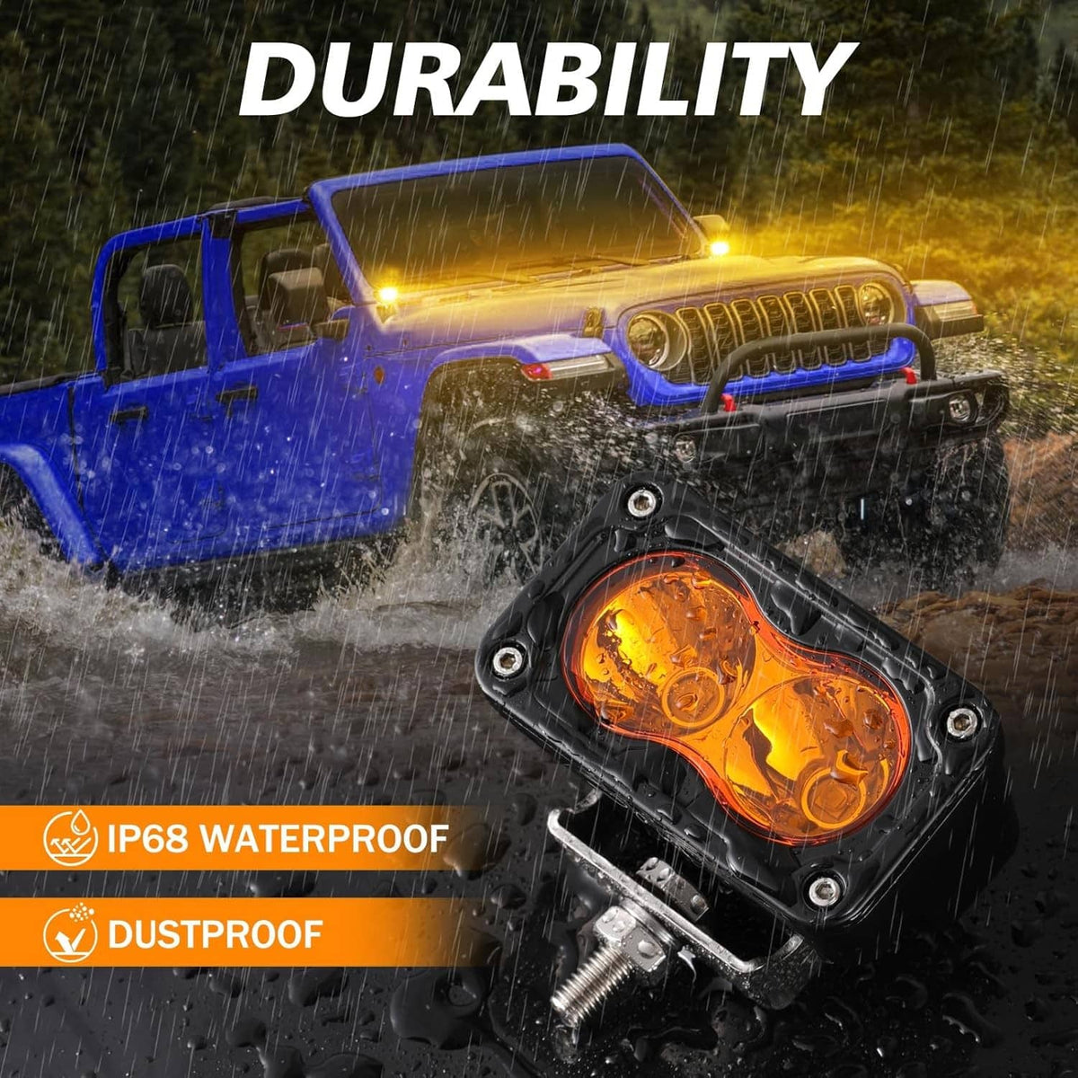 Amber LED pod spotlight with sealed black housing for water and dust resistance