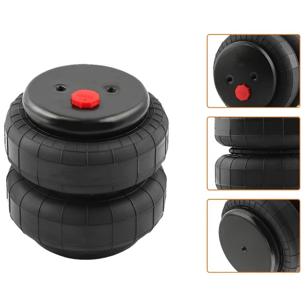 Black air suspension bag pair with red valve cap on round top plate, detail view