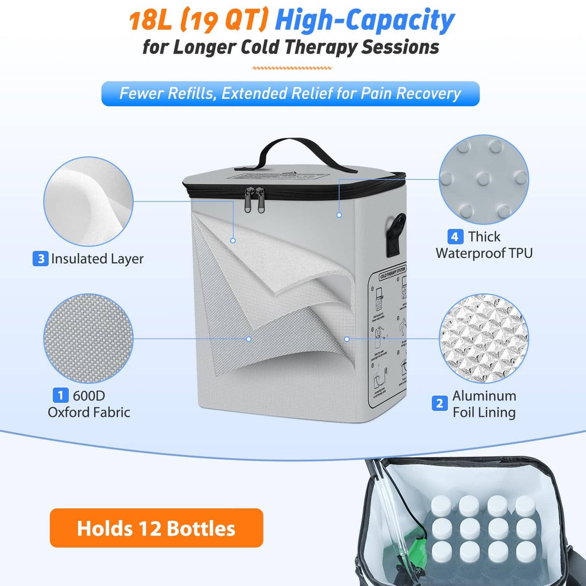 Gray insulated ice therapy bucket with top handle and layered construction