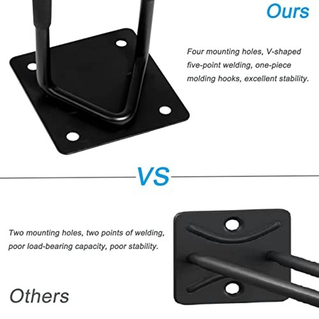 Two black mounting plates with welded shovel hooks, comparison diagram without text