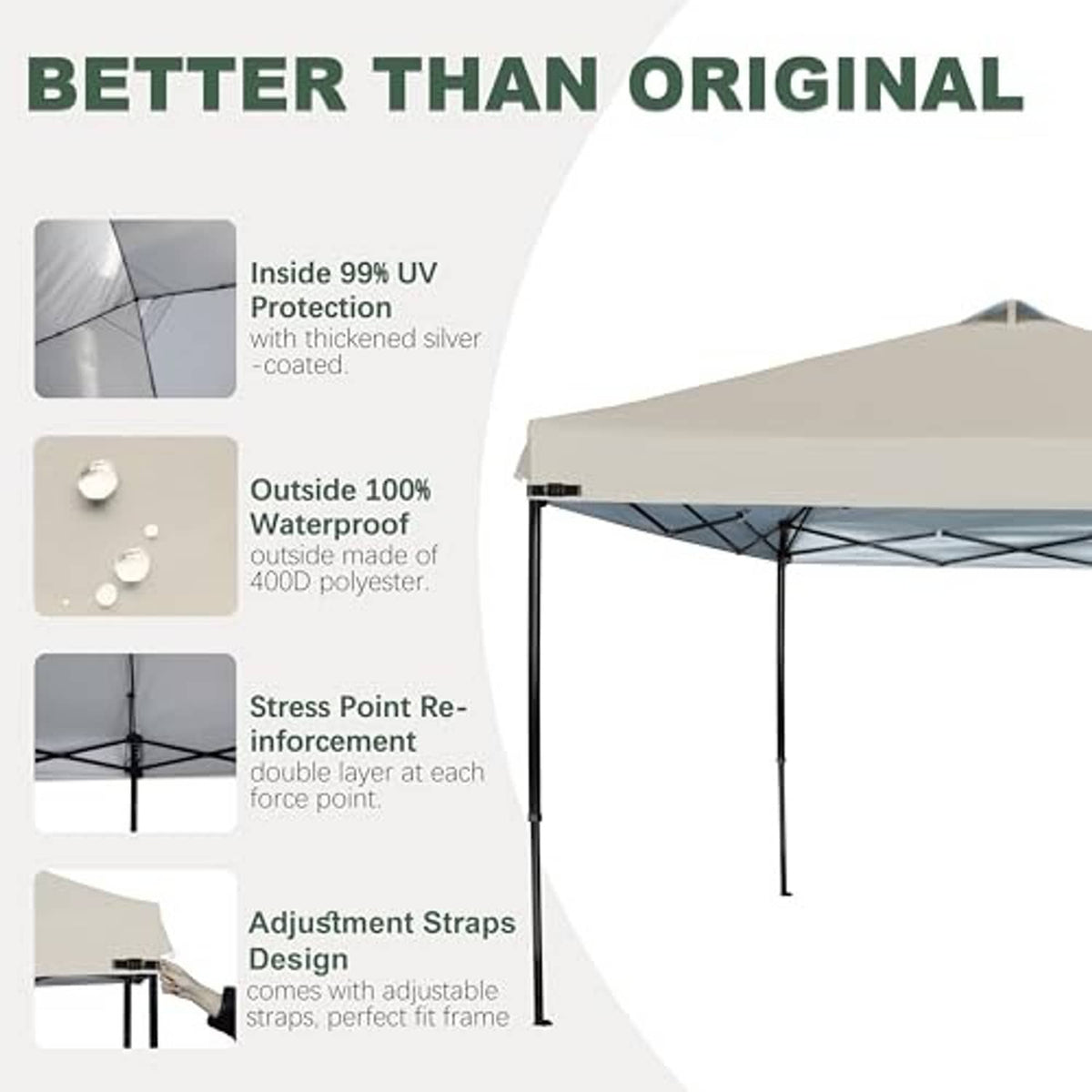 Beige canopy top replacement with reinforced stress points and adjustable straps