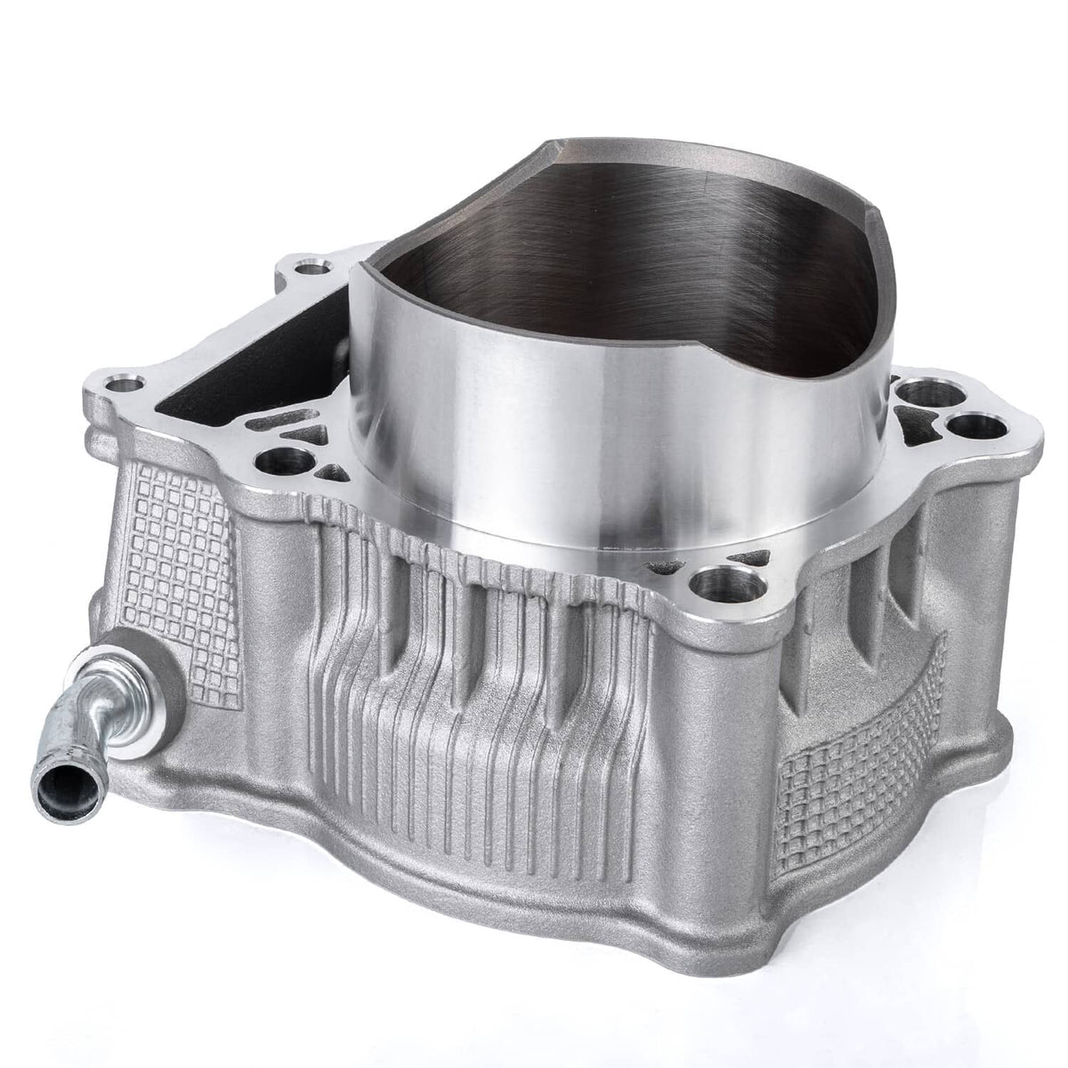 Aluminum cylinder head top end with bore opening, side ports, and textured cooling fins