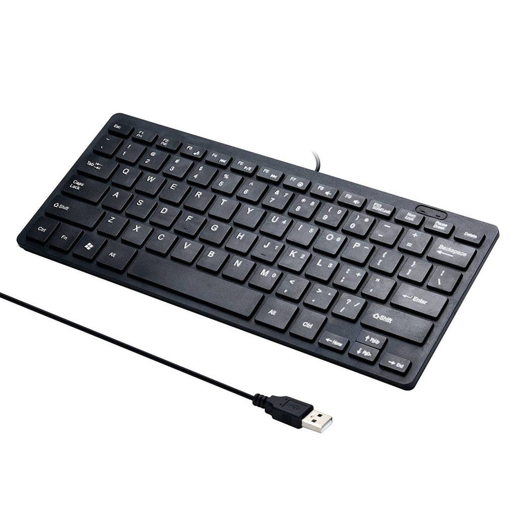 78-key mini wired USB keyboard in black with protective cover and USB cable