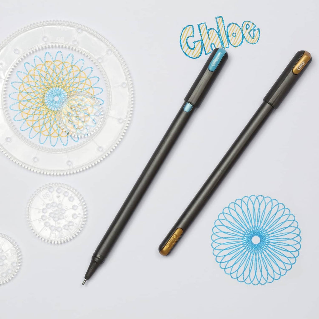 Two glitter gel pens with blue and gold accents beside blue doodle designs