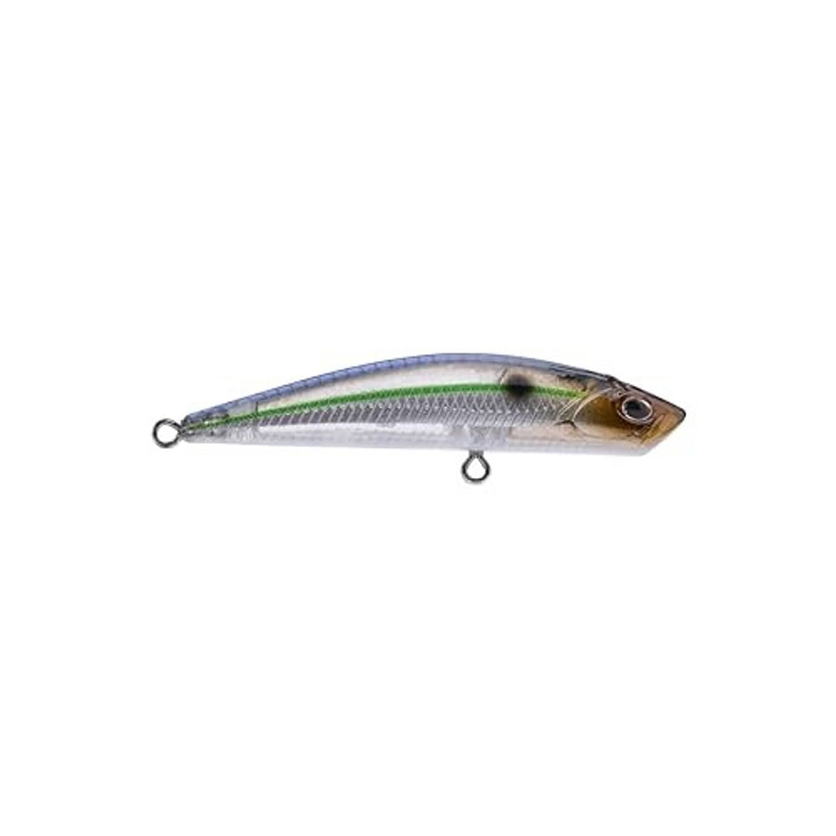 Blue smelt fishing crankbait lure with green stripe, twin treble hooks, side view