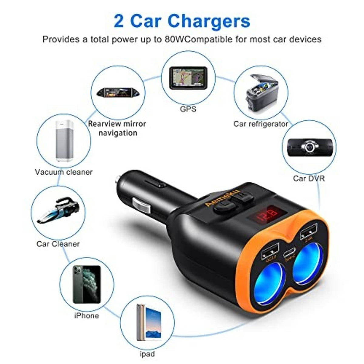 Black-and-orange dual-port car USB charger with blue ports and LED voltmeter display