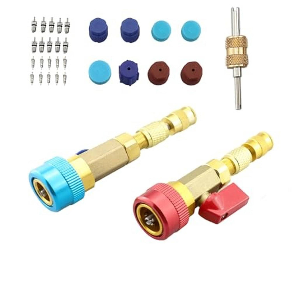 Valve core removal tool set with blue and red heads and gold stems plus spare caps