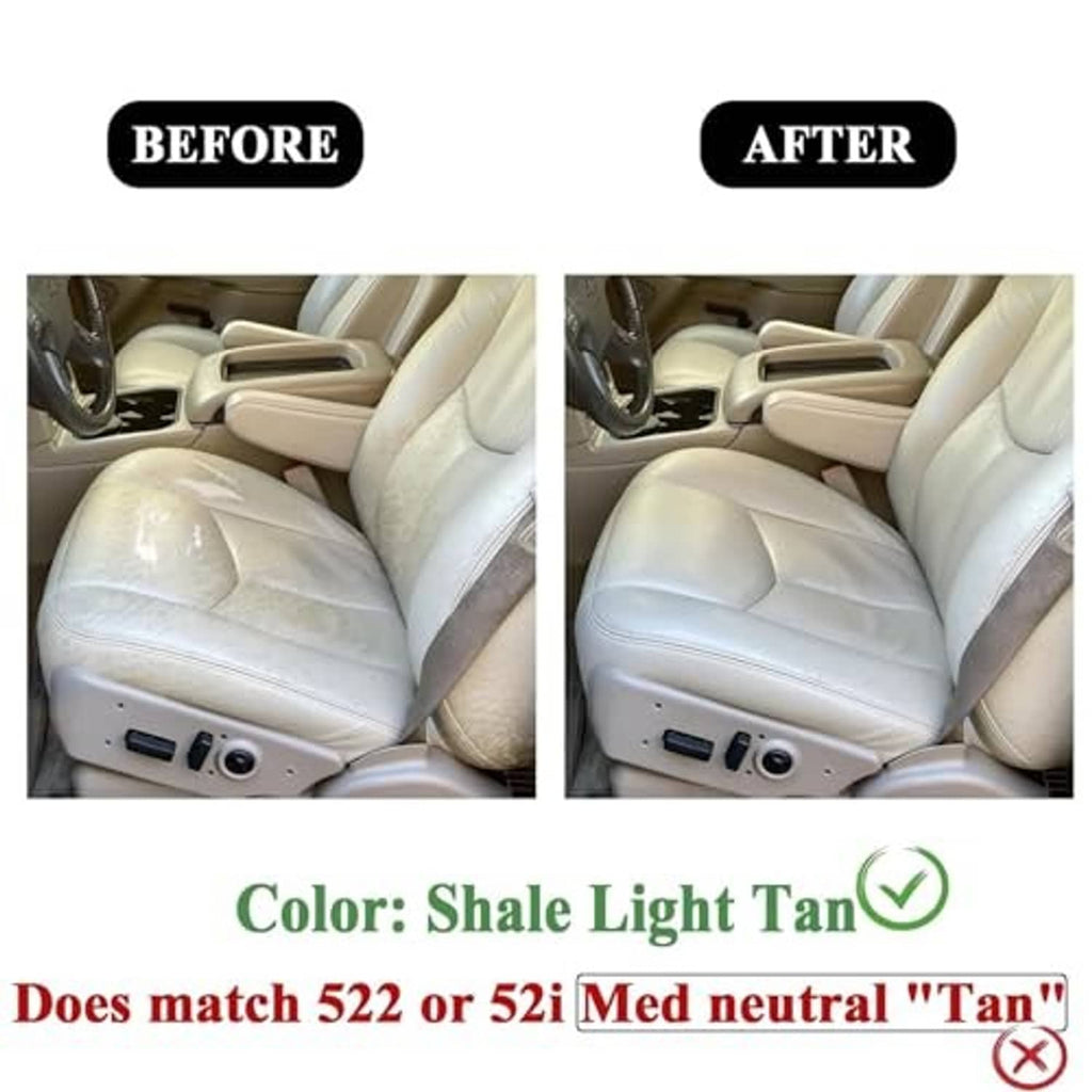 Light tan driver seat cushion cover shown as before-and-after on car seats