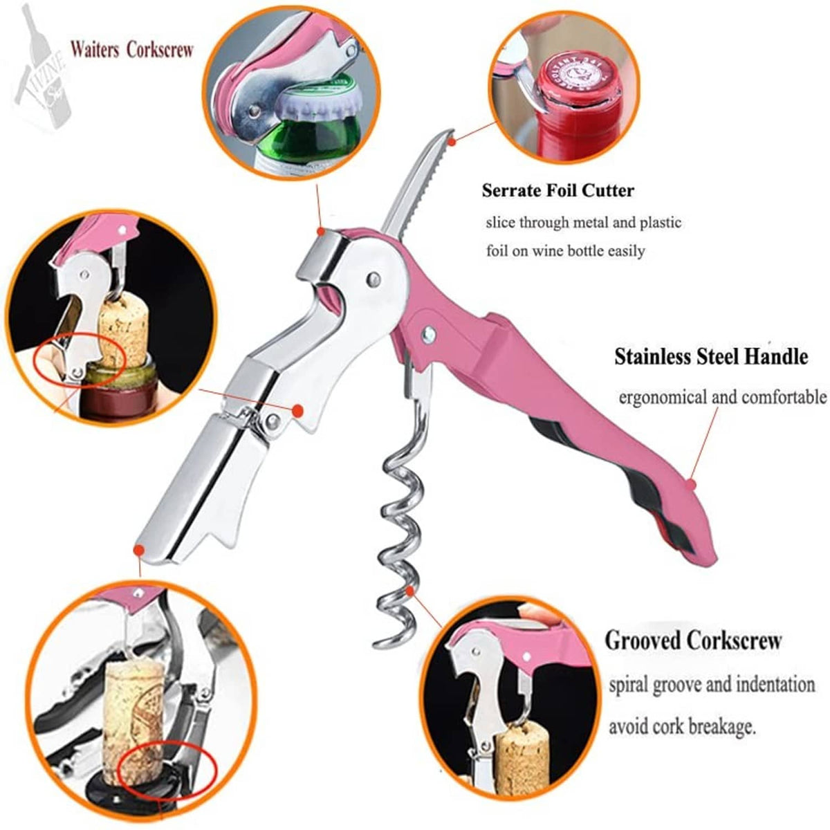 Pink waiter corkscrew wine opener with foil cutter and serrated knife