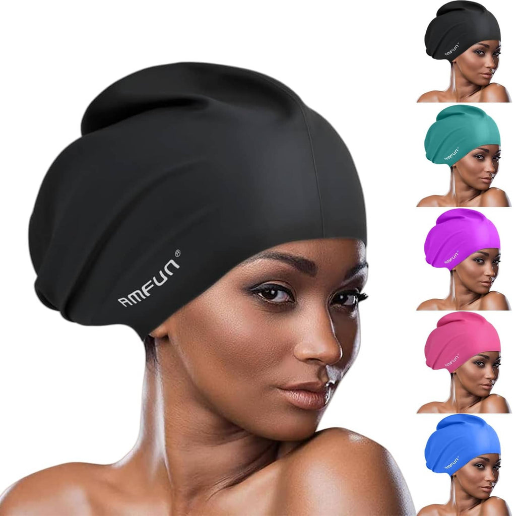 Black swimming cap for long hair, extra-large fit, smooth domed shape.