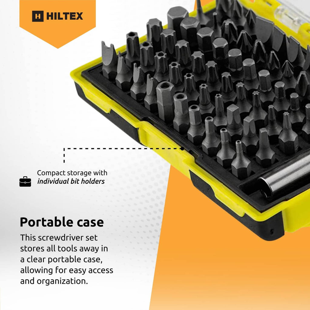 Portable Hiltex security bit set case with assorted bits in black holders