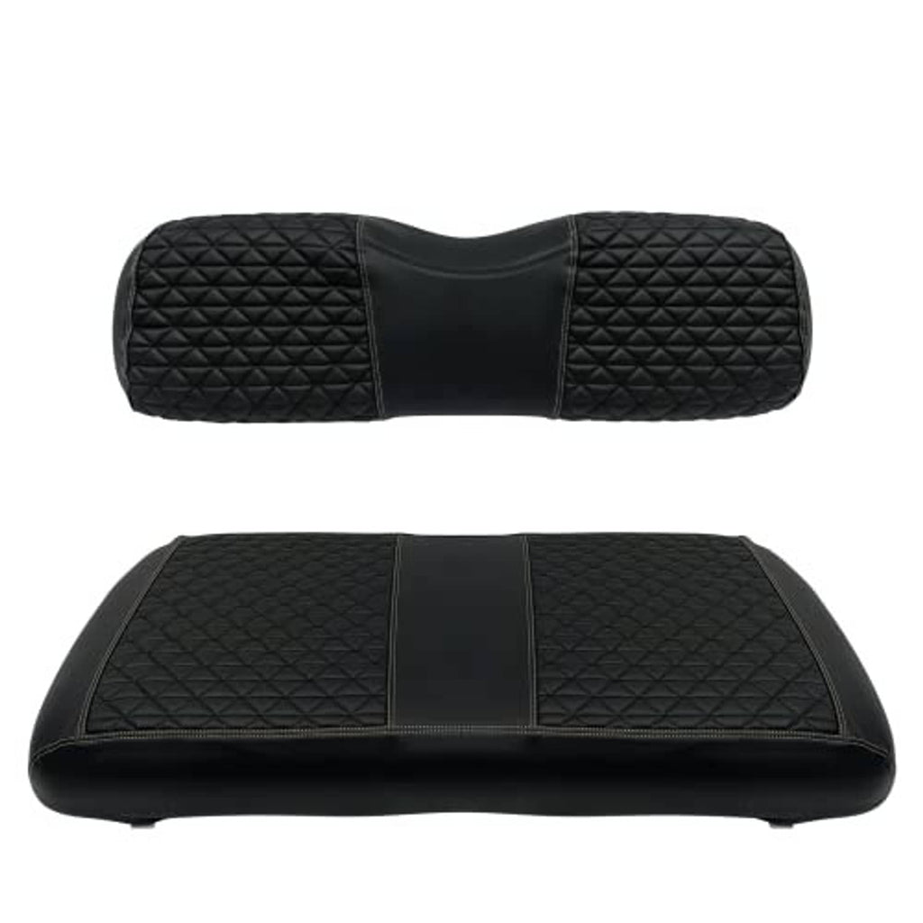Black quilted front seat cover with central vertical seam, contoured base and edges