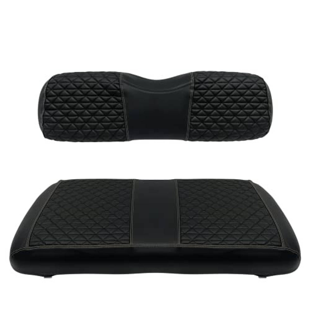 Black quilted front seat cover with central vertical seam, contoured base and edges