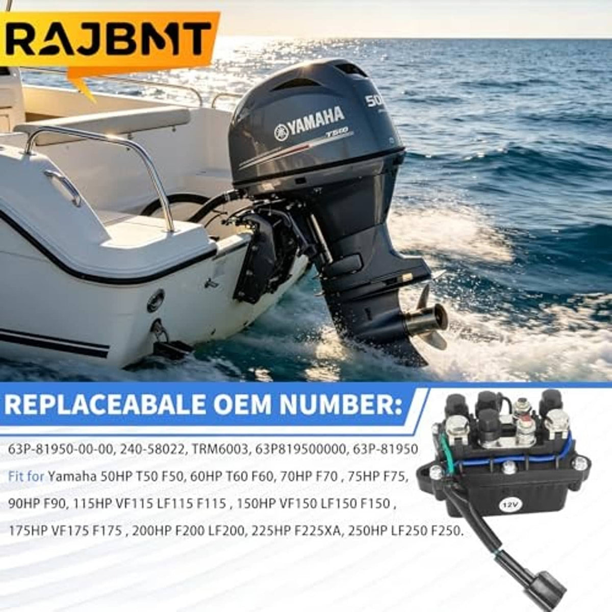 Tilt-trim relay assembly with black housing and screw terminals on outboard motor
